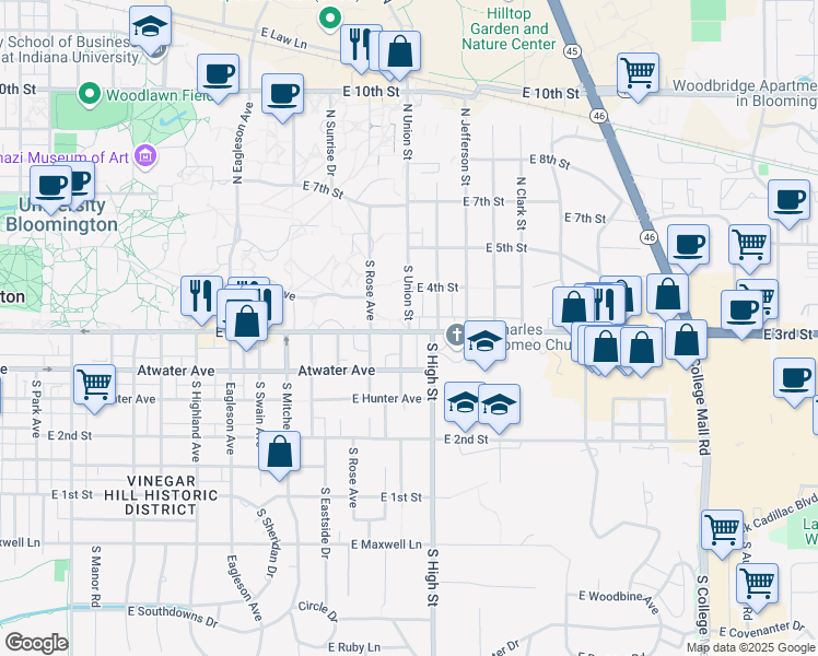 map of restaurants, bars, coffee shops, grocery stores, and more near 290 South Union Street in Bloomington