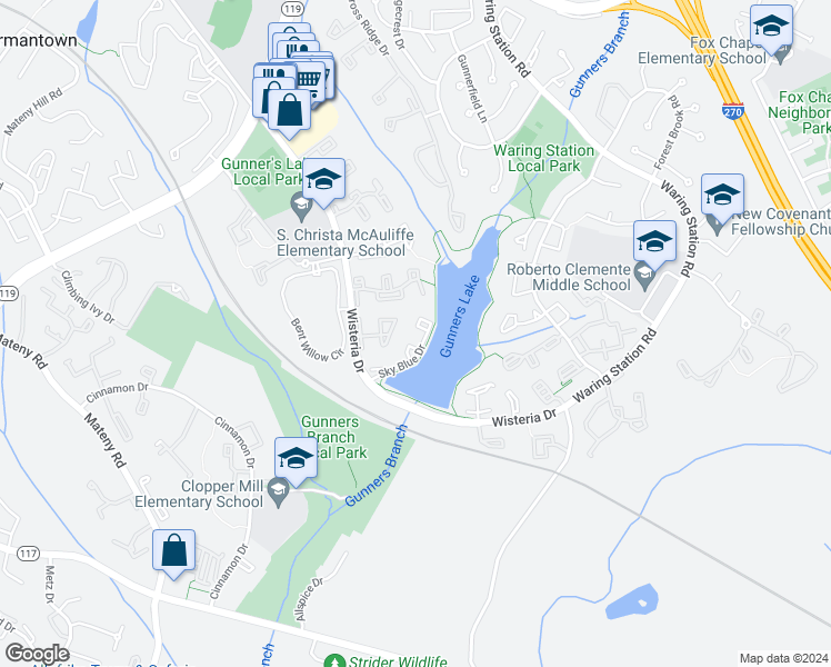 map of restaurants, bars, coffee shops, grocery stores, and more near 12441 Sky Blue Drive in Germantown