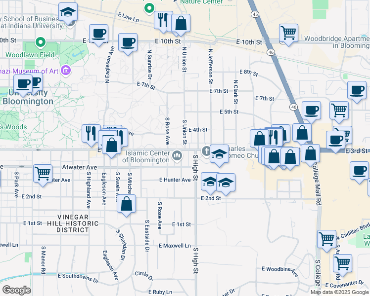 map of restaurants, bars, coffee shops, grocery stores, and more near 290 South Union Street in Bloomington