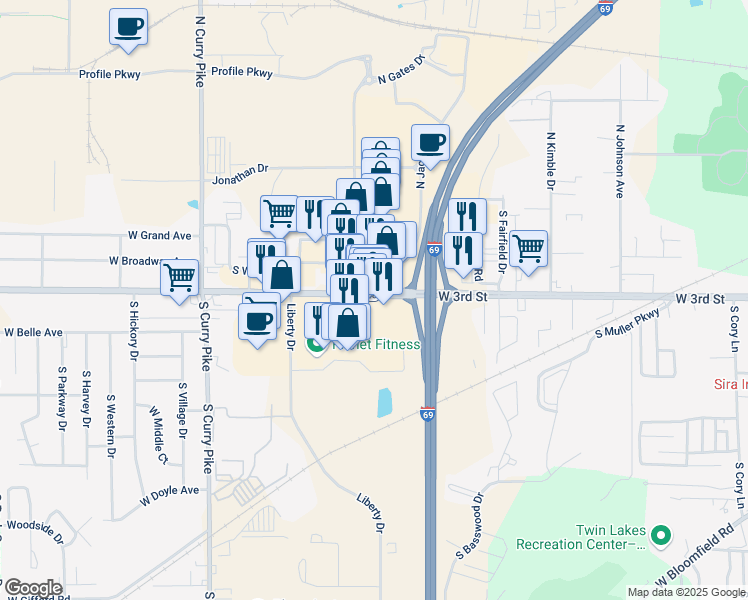 map of restaurants, bars, coffee shops, grocery stores, and more near Indiana 48 in Bloomington