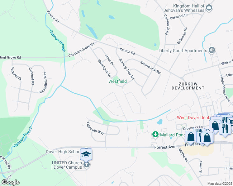 map of restaurants, bars, coffee shops, grocery stores, and more near 148 Sweetgum Drive in Dover