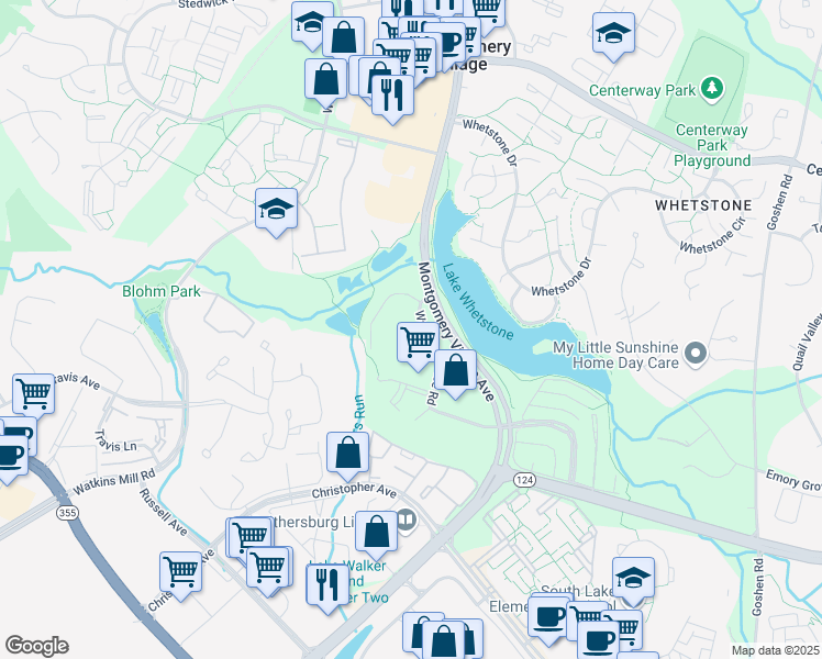 map of restaurants, bars, coffee shops, grocery stores, and more near 18804 Walkers Choice Road in Montgomery Village