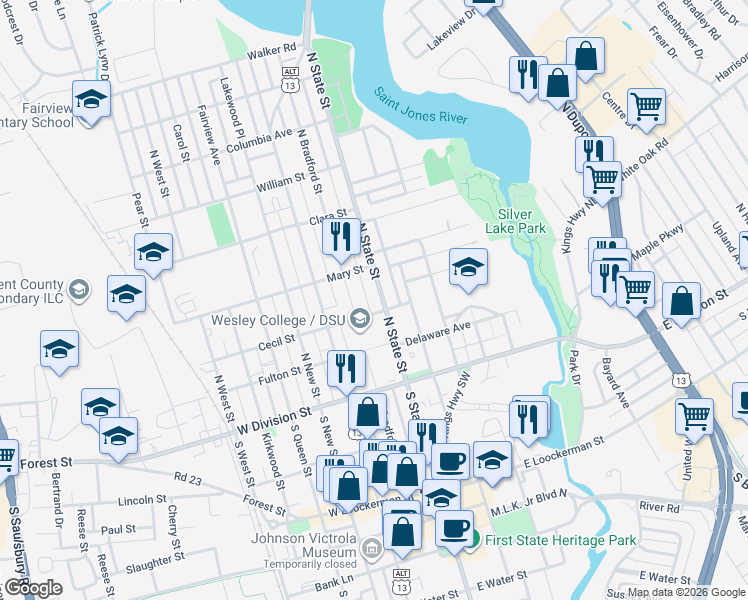 map of restaurants, bars, coffee shops, grocery stores, and more near 223 North State Street in Dover