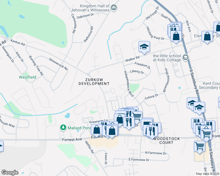 map of restaurants, bars, coffee shops, grocery stores, and more near 825 Kenton Road in Dover