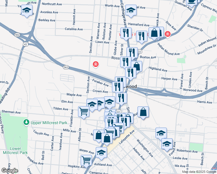 map of restaurants, bars, coffee shops, grocery stores, and more near 2066 Foraker Avenue in Cincinnati