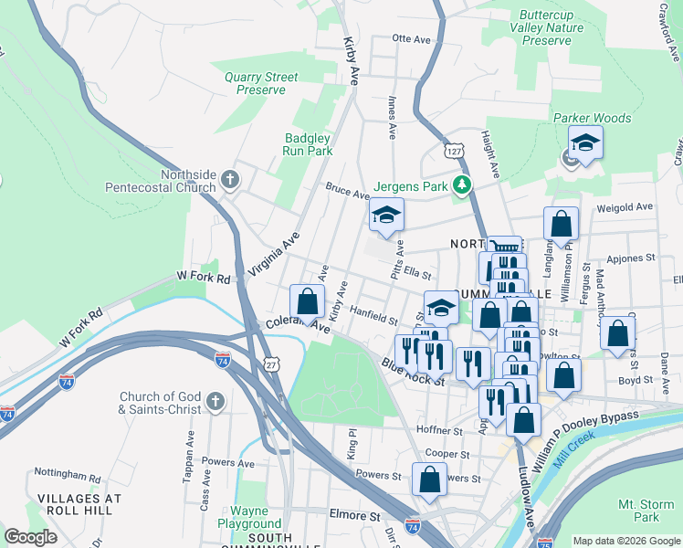 map of restaurants, bars, coffee shops, grocery stores, and more near 4211 Kirby Avenue in Cincinnati