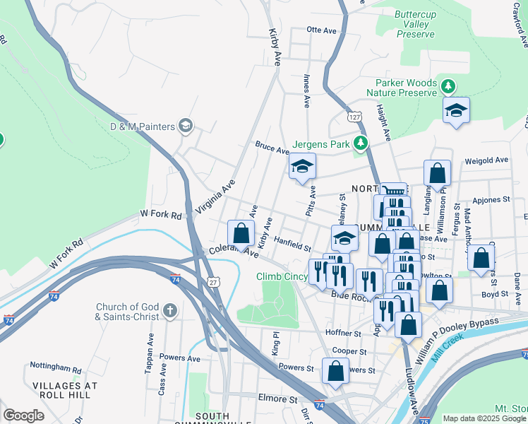 map of restaurants, bars, coffee shops, grocery stores, and more near 4211 Kirby Avenue in Cincinnati