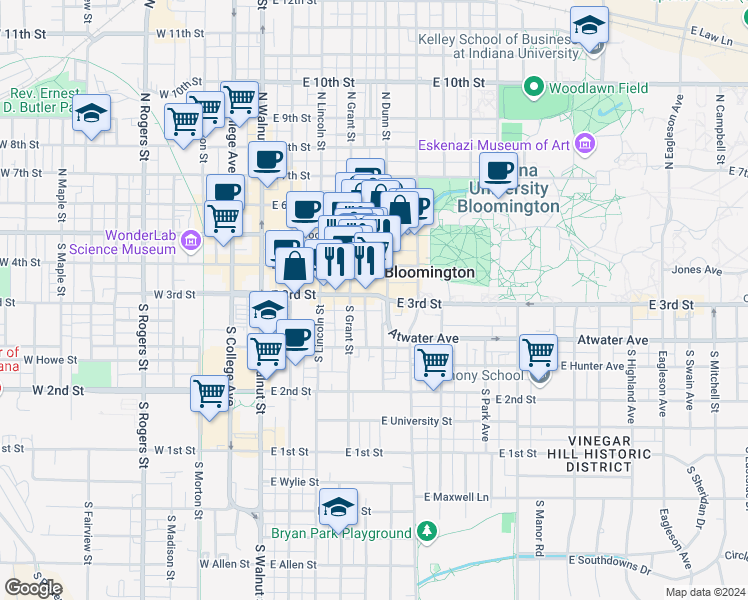 map of restaurants, bars, coffee shops, grocery stores, and more near 421 East 3rd Street in Bloomington