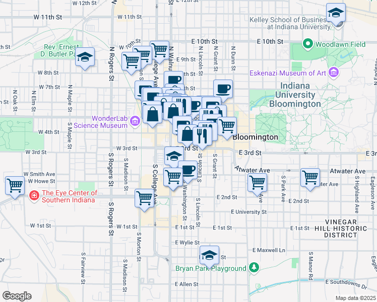map of restaurants, bars, coffee shops, grocery stores, and more near 299 East 3rd Street in Bloomington