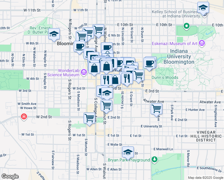 map of restaurants, bars, coffee shops, grocery stores, and more near 299 East 3rd Street in Bloomington