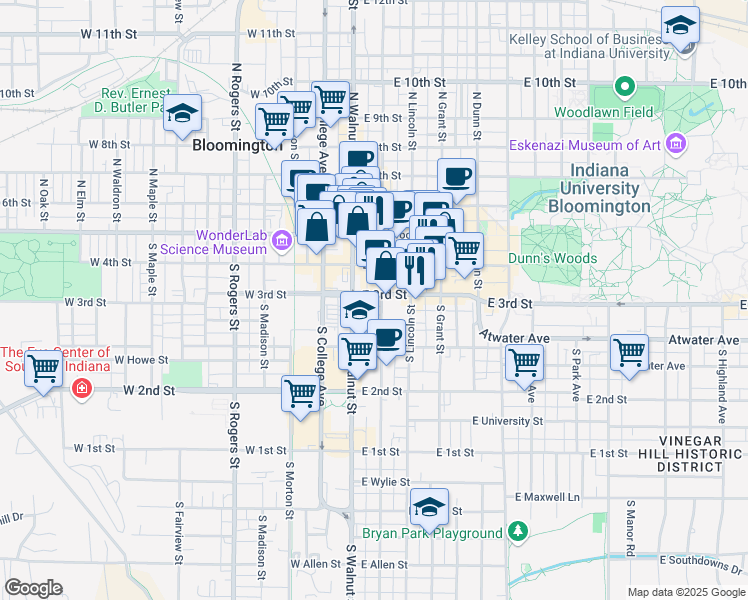 map of restaurants, bars, coffee shops, grocery stores, and more near 299 East 3rd Street in Bloomington