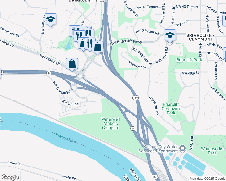 map of restaurants, bars, coffee shops, grocery stores, and more near 3861 North Mulberry Drive in Kansas City