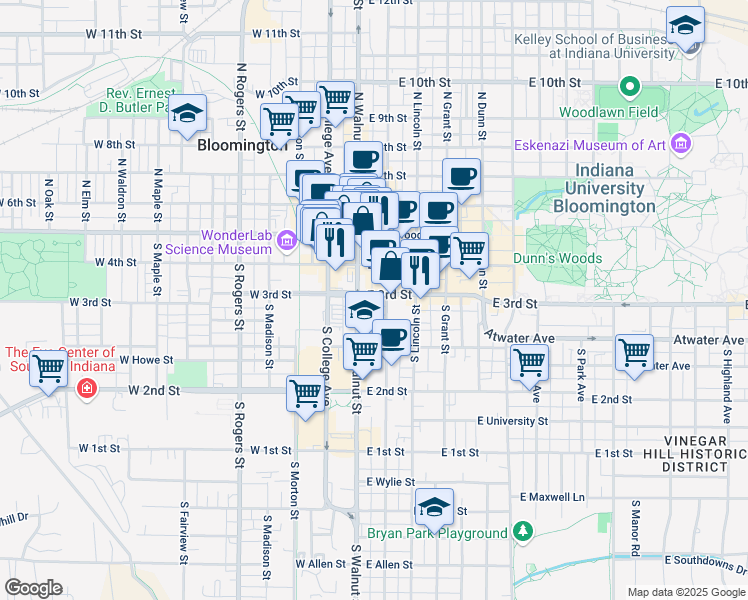 map of restaurants, bars, coffee shops, grocery stores, and more near 219 South Walnut Street in Bloomington