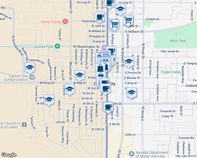 map of restaurants, bars, coffee shops, grocery stores, and more near 213 West Musser Street in Carson City