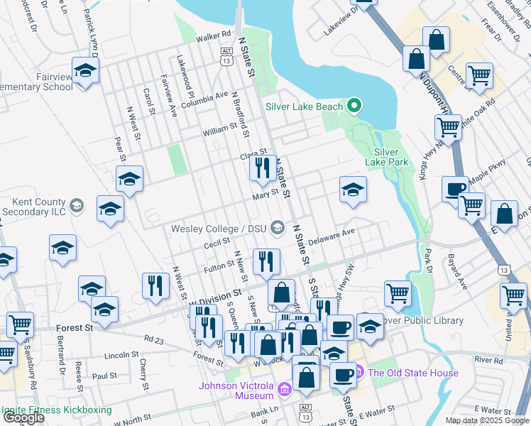 map of restaurants, bars, coffee shops, grocery stores, and more near 220 North Bradford Street in Dover