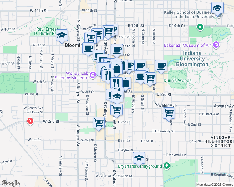 map of restaurants, bars, coffee shops, grocery stores, and more near 301 South Walnut Street in Bloomington