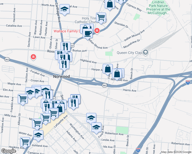 map of restaurants, bars, coffee shops, grocery stores, and more near 4918 Ash Street in Cincinnati