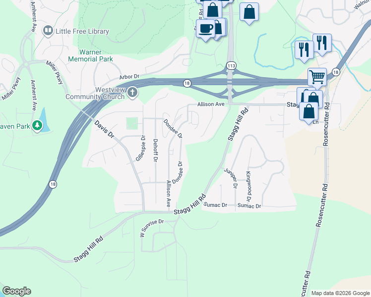 map of restaurants, bars, coffee shops, grocery stores, and more near 822 Dondee Drive in Manhattan