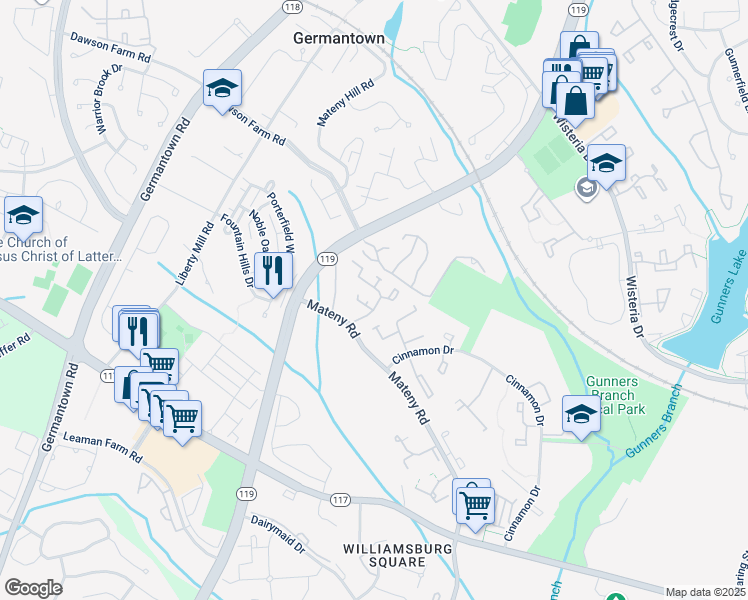 map of restaurants, bars, coffee shops, grocery stores, and more near 13009 Trailside Way in Germantown