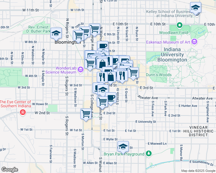 map of restaurants, bars, coffee shops, grocery stores, and more near 116 East 3rd Street in Bloomington