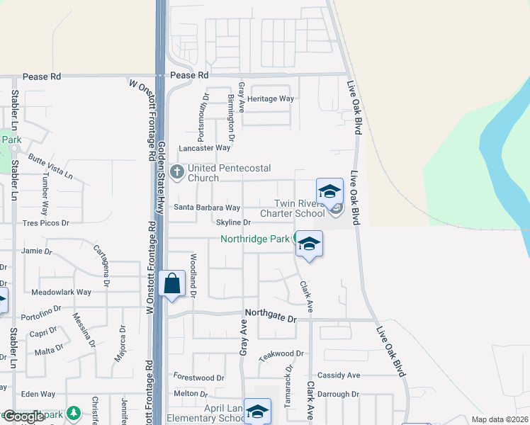 map of restaurants, bars, coffee shops, grocery stores, and more near 1023 Santa Barbara Way in Yuba City