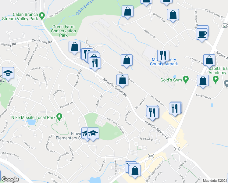 map of restaurants, bars, coffee shops, grocery stores, and more near 8216 Castlebury Terrace in Gaithersburg