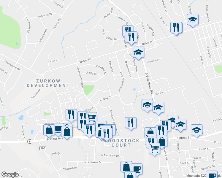 map of restaurants, bars, coffee shops, grocery stores, and more near 133 Meetinghouse Lane in Dover