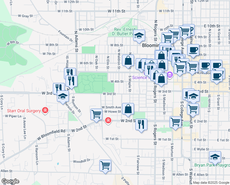 map of restaurants, bars, coffee shops, grocery stores, and more near 248 South Waldron Street in Bloomington