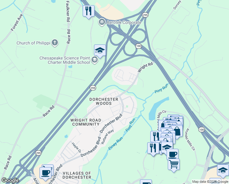 map of restaurants, bars, coffee shops, grocery stores, and more near 7200 Dorchester Woods Lane in Hanover
