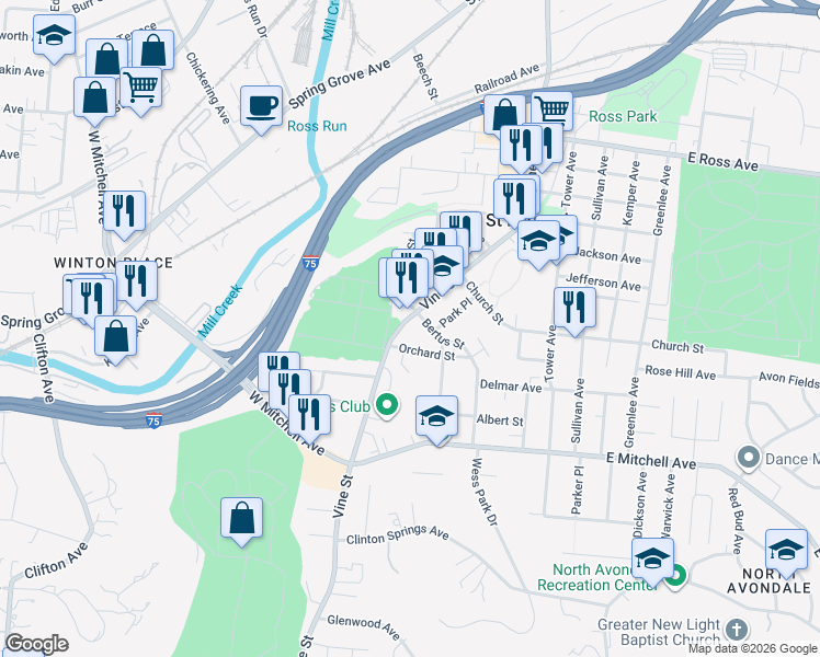 map of restaurants, bars, coffee shops, grocery stores, and more near 4429 Vine Street in Cincinnati