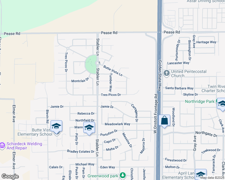 map of restaurants, bars, coffee shops, grocery stores, and more near 1829 Tumber Way in Yuba City