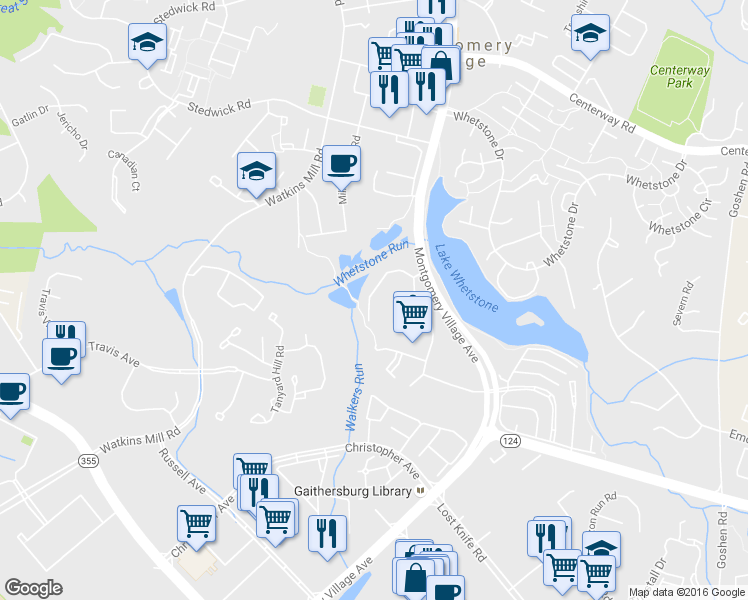 map of restaurants, bars, coffee shops, grocery stores, and more near 9964 Lake Landing Road in Montgomery Village