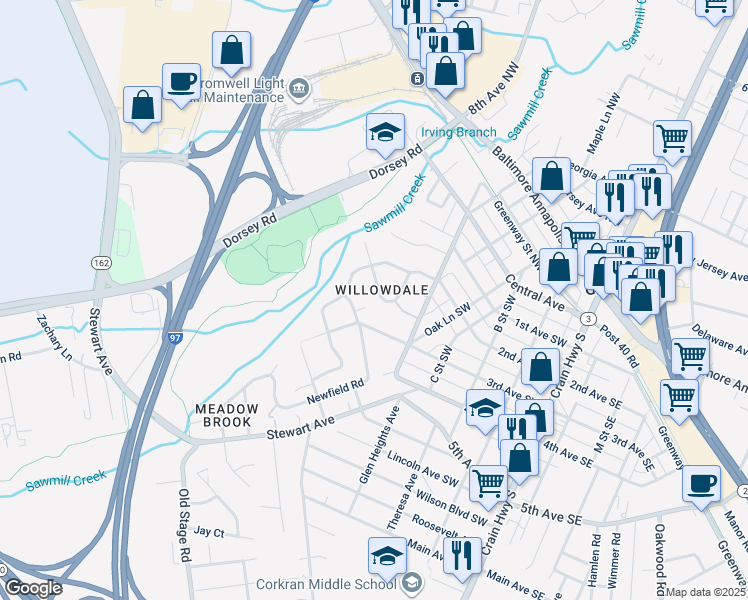 map of restaurants, bars, coffee shops, grocery stores, and more near 507-5 2nd Avenue Southwest in Glen Burnie