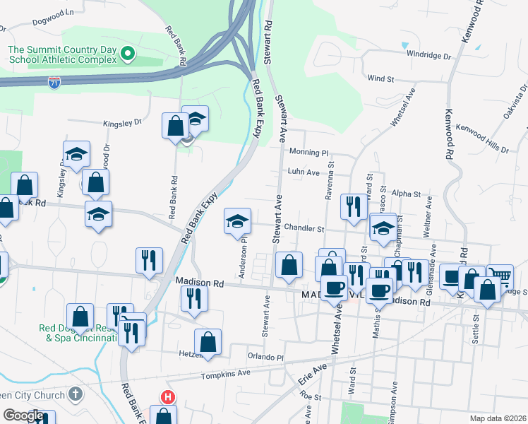 map of restaurants, bars, coffee shops, grocery stores, and more near 5539 Davies Place in Cincinnati