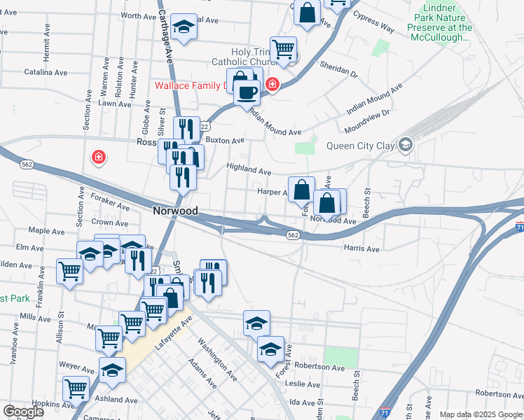 map of restaurants, bars, coffee shops, grocery stores, and more near 4918 Ash Street in Cincinnati
