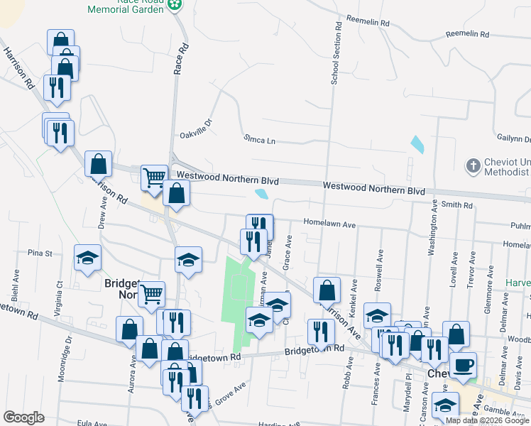 map of restaurants, bars, coffee shops, grocery stores, and more near 4280 Victorian Green Drive in Cincinnati