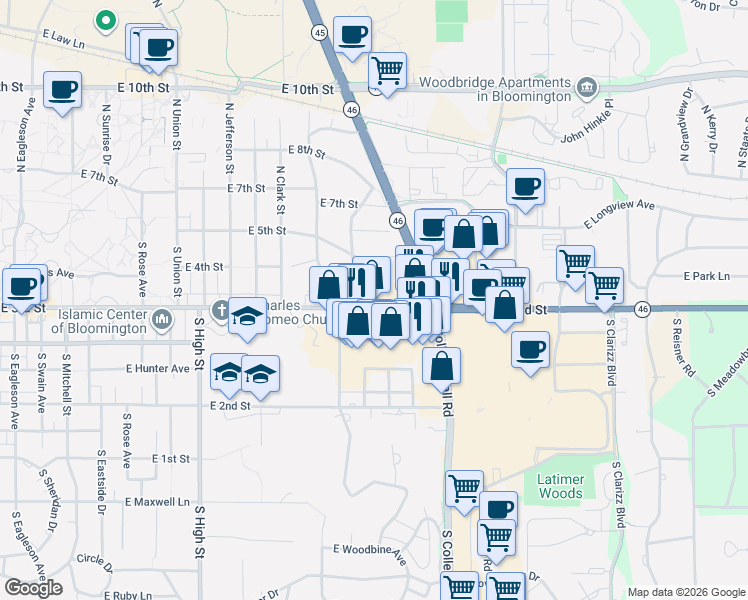 map of restaurants, bars, coffee shops, grocery stores, and more near 2611 East 3rd Street in Bloomington
