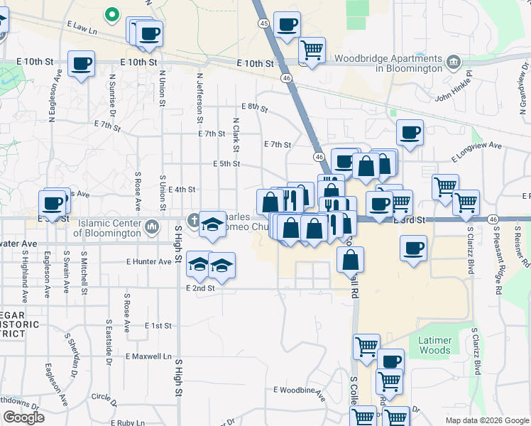map of restaurants, bars, coffee shops, grocery stores, and more near 230 South Hillsdale Court in Bloomington