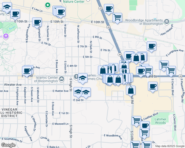 map of restaurants, bars, coffee shops, grocery stores, and more near 208 South Clark Street in Bloomington