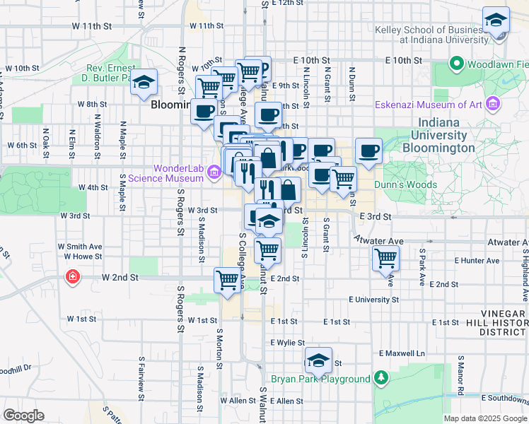map of restaurants, bars, coffee shops, grocery stores, and more near 219 South Walnut Street in Bloomington