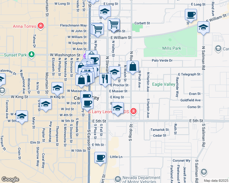 map of restaurants, bars, coffee shops, grocery stores, and more near in Carson City
