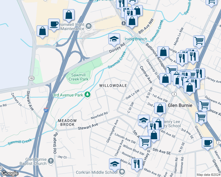 map of restaurants, bars, coffee shops, grocery stores, and more near 505 2nd Avenue Southwest in Glen Burnie
