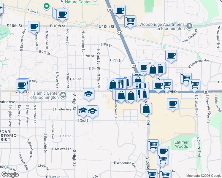 map of restaurants, bars, coffee shops, grocery stores, and more near 230 South Hillsdale Court in Bloomington