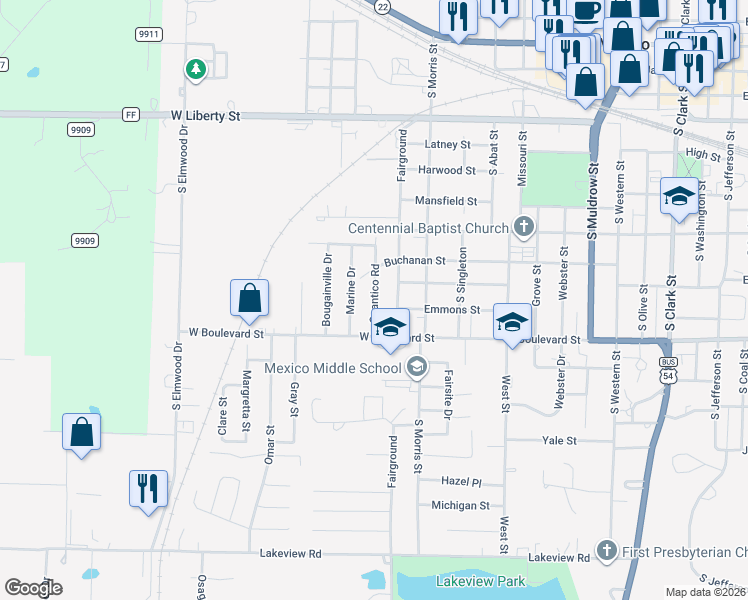 map of restaurants, bars, coffee shops, grocery stores, and more near 907 Fairground in Mexico