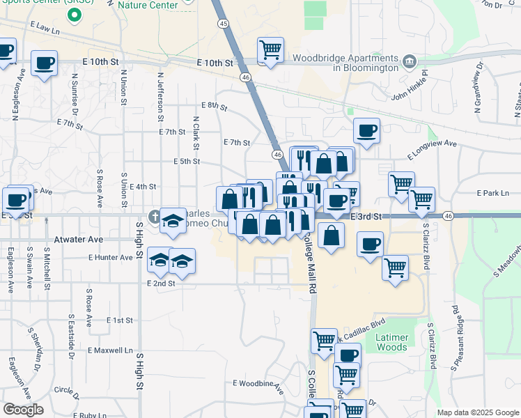 map of restaurants, bars, coffee shops, grocery stores, and more near 2611 East 3rd Street in Bloomington
