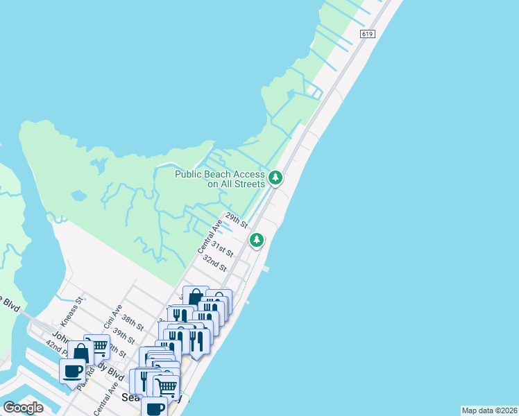 map of restaurants, bars, coffee shops, grocery stores, and more near 2710 Landis Avenue in Sea Isle City