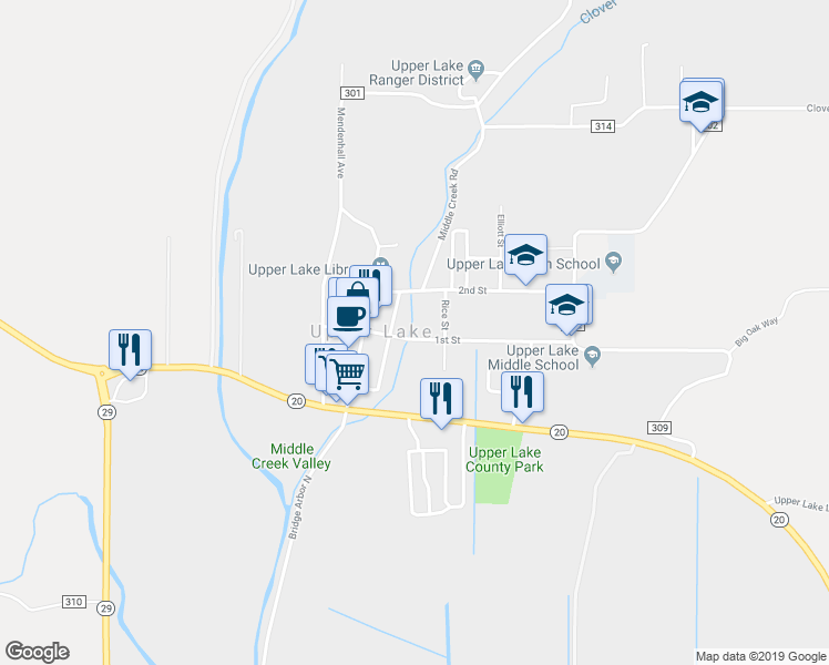 map of restaurants, bars, coffee shops, grocery stores, and more near 422 1st Street in Upper Lake