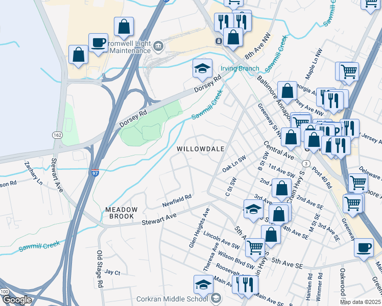 map of restaurants, bars, coffee shops, grocery stores, and more near 205 Willow Lane in Glen Burnie