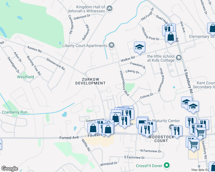 map of restaurants, bars, coffee shops, grocery stores, and more near 4 Dover Hall in Dover