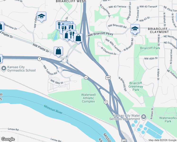 map of restaurants, bars, coffee shops, grocery stores, and more near 3880 North Mulberry Drive in Kansas City